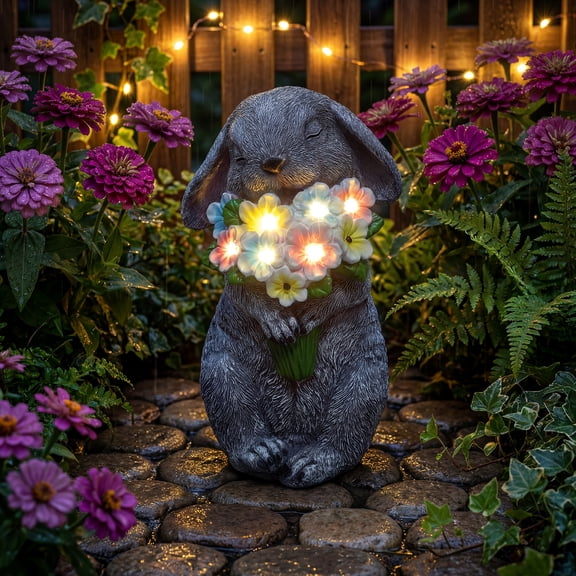 Solar Garden Statues Outdoor Decor, Rabbit Figurines with Flowers for Patio Balcony Lawn Yard Decorations, Birthday Housewarming Gifts for Women Mom Grandma