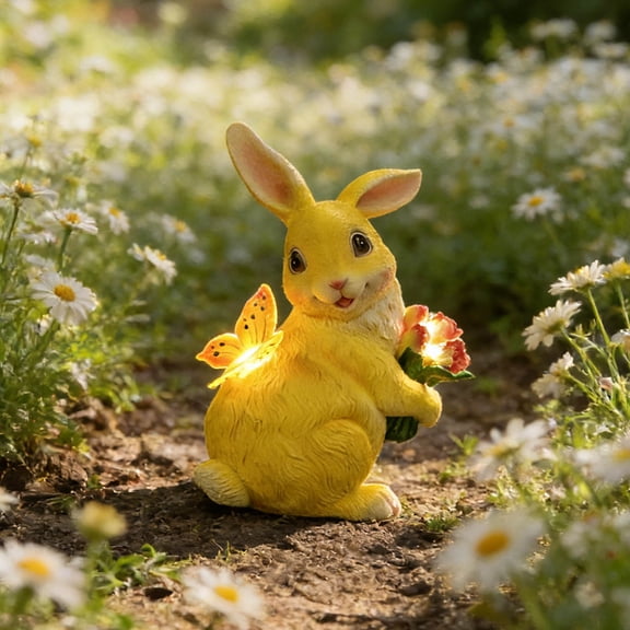 Solar Garden Statues Outdoor Decor, Rabbit Figurines With LED Light For Patio Balcony Backyard Lawn, Bunny Statue With Solar Butterfly Lights, Unique Birthday House Warming Gifts For Women Mom,Yellow