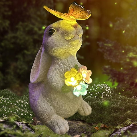 Rirool Solar Rabbit Garden Statue with LED Lights & Butterfly - Hand-Painted Outdoor Decor for Lawn, Patio - Waterproof Easter Gift for Women, Mom