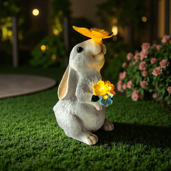 LUMIARTISAN Benny Rabbit Garden Statue - Solar LED Light, Weatherproof Resin - Gray