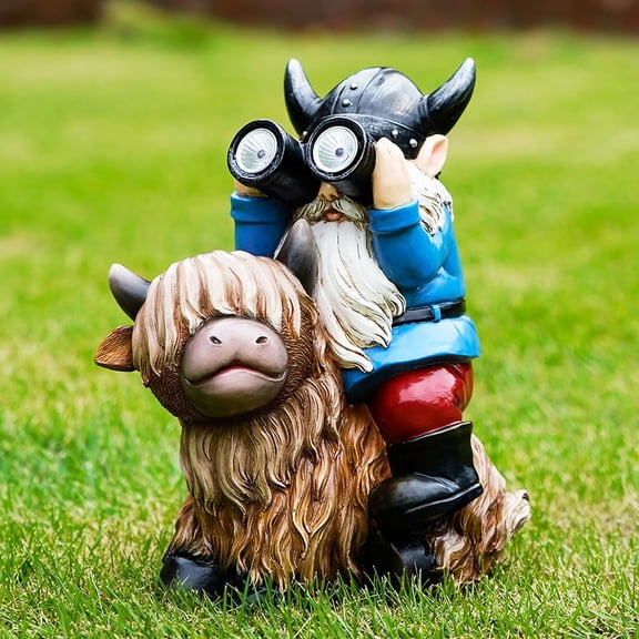 Solar Garden Statues Resin Gnome Sitting on Highland Cow Outdoor Telescope Gnome Decorations Yard Ornament for Patio Lawn Balcony, Unique Housewarming Birthday Gifts for Mom Dad