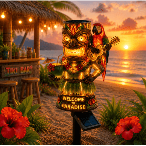 Solar Garden Tiki Totem Light, Light-Up Tropical Parrot Cocktail Sculpture Waterproof Backyard Beach Yard Ornament