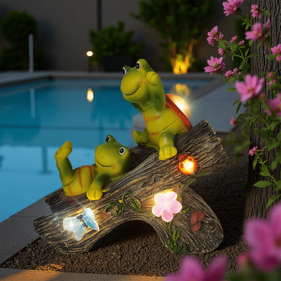 Solar Garden Turtle Statue Outdoor Decor, Resin Sculpture Lovely Frog Face Turtles for Patio Lawn Porch Yard Decorations, Gardening Art Tortoise Figurine Play on the Slide