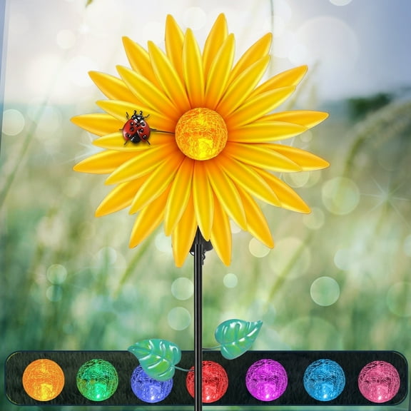 Solar Garden Wind Spinners, 61” 3D Sunflower Metal Wind Sculptures with Multi-Color Glass Ball Light, Solar Windmill Kinetic Spinner Outdoor for Lawn Patio Decoration
