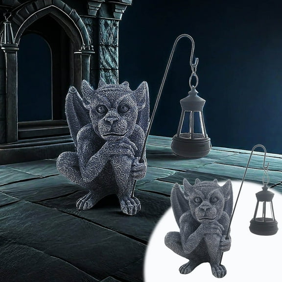 Solar Gargoyle Statues Outdoor with Light, Funny Gothic Garden Decor, 6.6 inch Sitting Winged Gargoyle Sculpture for Yard Patio Lawn Ornament Decorations, Handmade Resin Garden Trolls Figurines