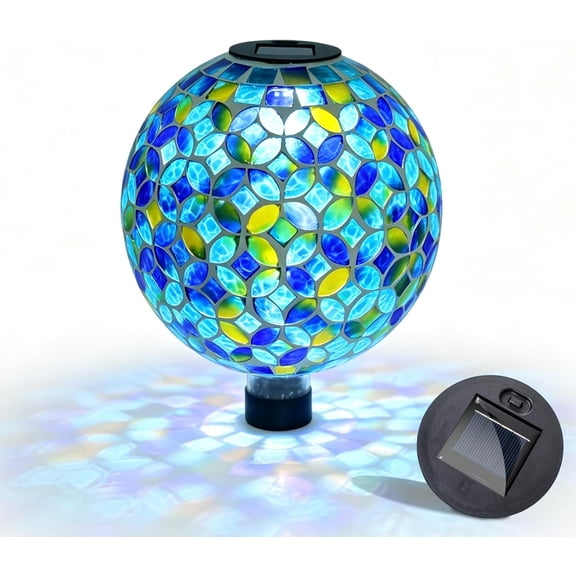 Solar Gazing Ball for Garden, 10" Mosaic Glass Gazing Globe with Solar Light, Handmade Outdoor Sphere, Auto On/Off LED Night Illumination, Yard Lawn Patio Decor Ornament, Blue