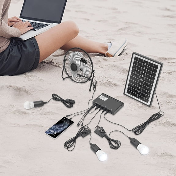 Solar Generator Portable Lighting Fan System Kit, Solar Power Panel with 3 Bulbs & 4000mAh Battery Solar Fan and Lamp Kit Energy Storage USB Charger System for Outdoor Camping, Emergency Power