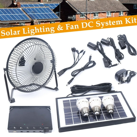 Solar Generator Portable Lighting Fan System Kit, Solar Power Panel with 3 Bulbs & 4000mAh Battery Solar Fan and Lamp Kit Energy Storage USB Charger System for Outdoor Camping, Emergency Power