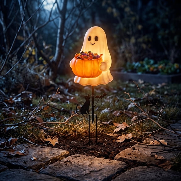 Solar Ghost Candy Bucket Halloween Stake Light, Cute Pumpkin Ghost Path Lamp Outdoor Waterproof Garden Lawn Fall Decor