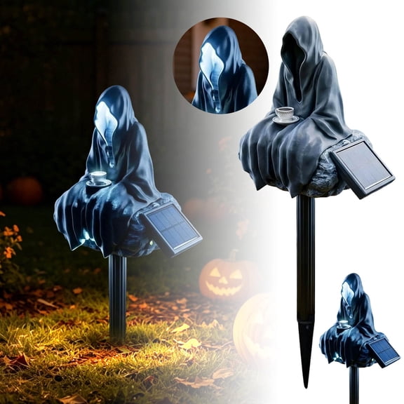 Solar Ghost Garden Stake Light, Resin Faceless Grim Reaper with Cup LED Outdoor Pathway Light, Waterproof Halloween Yard Lawn Landscape Decor 40cm