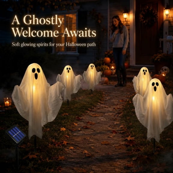 Solar Ghost Pathway Stake Lights – Bendable Fabric Ghost LED Outdoor Landscape Lights – Auto Dusk to Dawn Halloween Yard Walkway Decor with 8 Light Modes – Waterproof Lawn Ornament