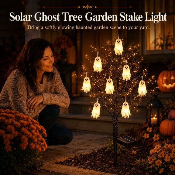 Solar Ghost Tree Garden Stake Light with 7 Pendants, Waterproof Bare Branch Pre-Lit Lamp Spooky Decor, Outdoor Yard Lawn Pathway Prop for Halloween