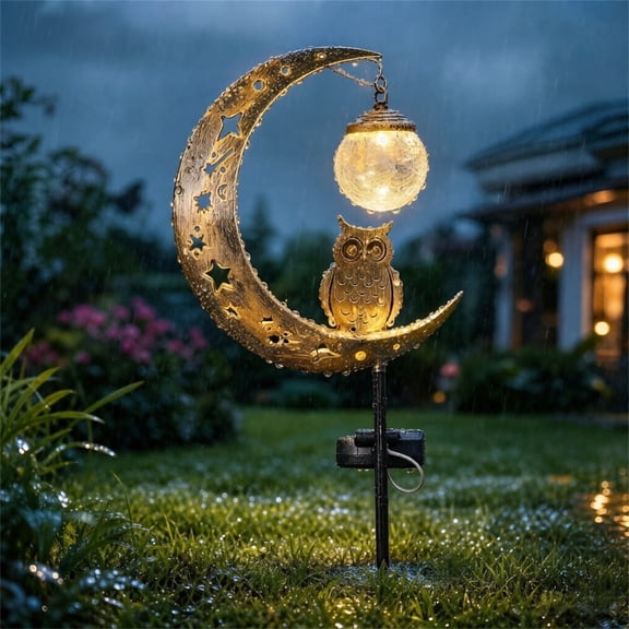 Solar Globe Lights Outdoor,Solar Lawn Lights,Owl Moon Solar Garden Stake Light Waterproof Half Moon LED Pathway Decor Crackle Hanging 33.5IN(Brown)