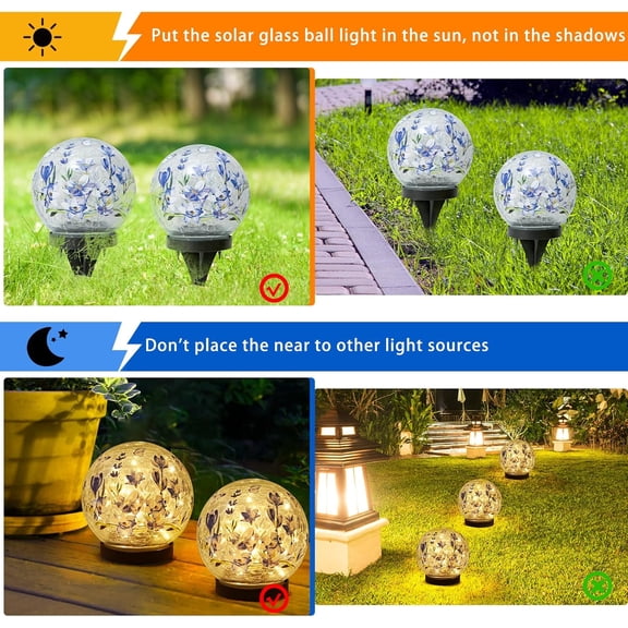Solar Globe Lights Outdoor Waterproof, Cracked Glass Ball Orb Lights, Waterproof Globes for Garden Pathways, Patio Decor & Backyard Landscaping, Round Ornaments Orbs (Blue Flower)