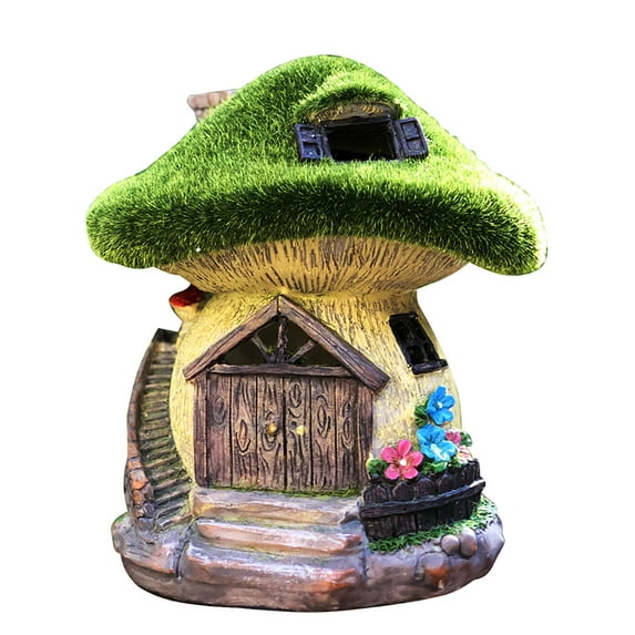 Solar Gnome Grass-Roof Mushroom Garden House , Outdoor Gnome House Figurine with Solar Lights, Little Garden Cottage Figurines