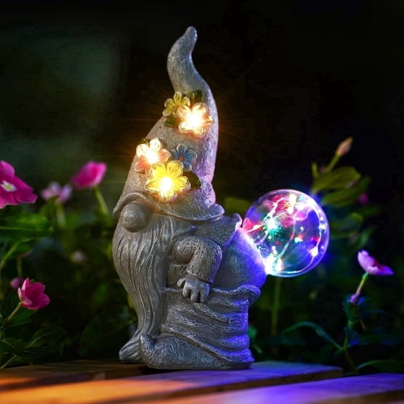 Solar Gnome Garden Statue with Ball, Outdoor Gnome Figurine Solar Light, Funny Garden Decor for Yard Lawn Porch Balcony Patio, Garden Gifts for Women Mom Grandma