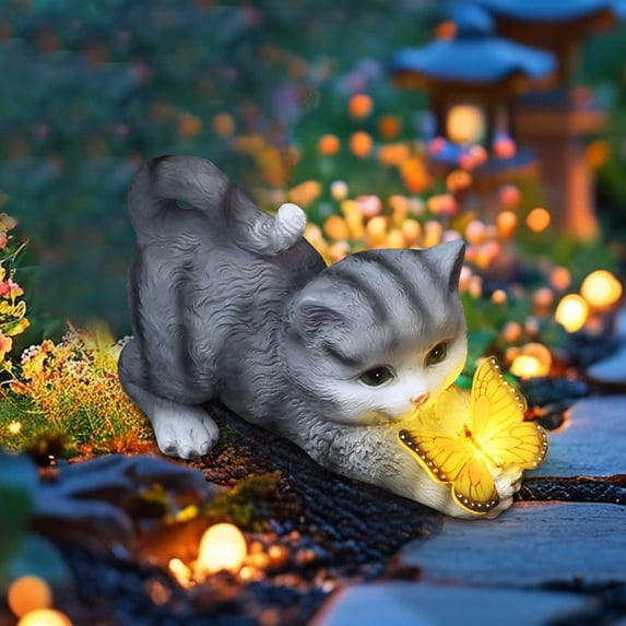Solar Gray Cat Garden Statue,Outdoor Weatherproof Resin Animals Figurine with Warm Glow Solar Light Garden Ornament for Yard Patio Pathway Porch Balcony Gifts for Mom Grandma
