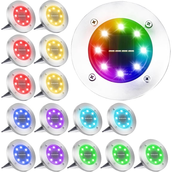 Solar Ground Light Outdoor, 16 Pack 8 LED Color Changing Solar Disk Lights Waterproof Garden In-ground Pathway Lights Landscape Lighting for Lawn,Yard,Deck,Patio,Walkway (RGB)