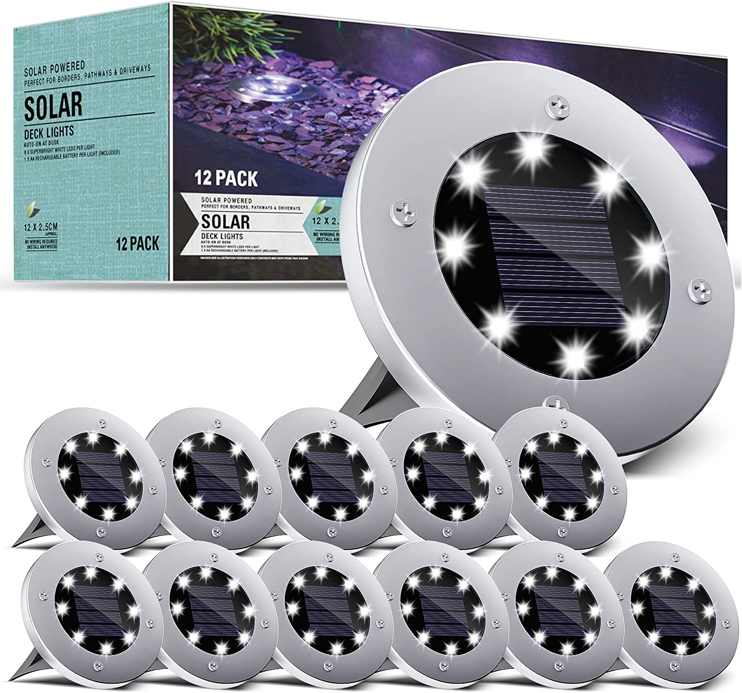 Solar Ground Lights 12 Pack 8 LED Waterproof Landscape Lighting for