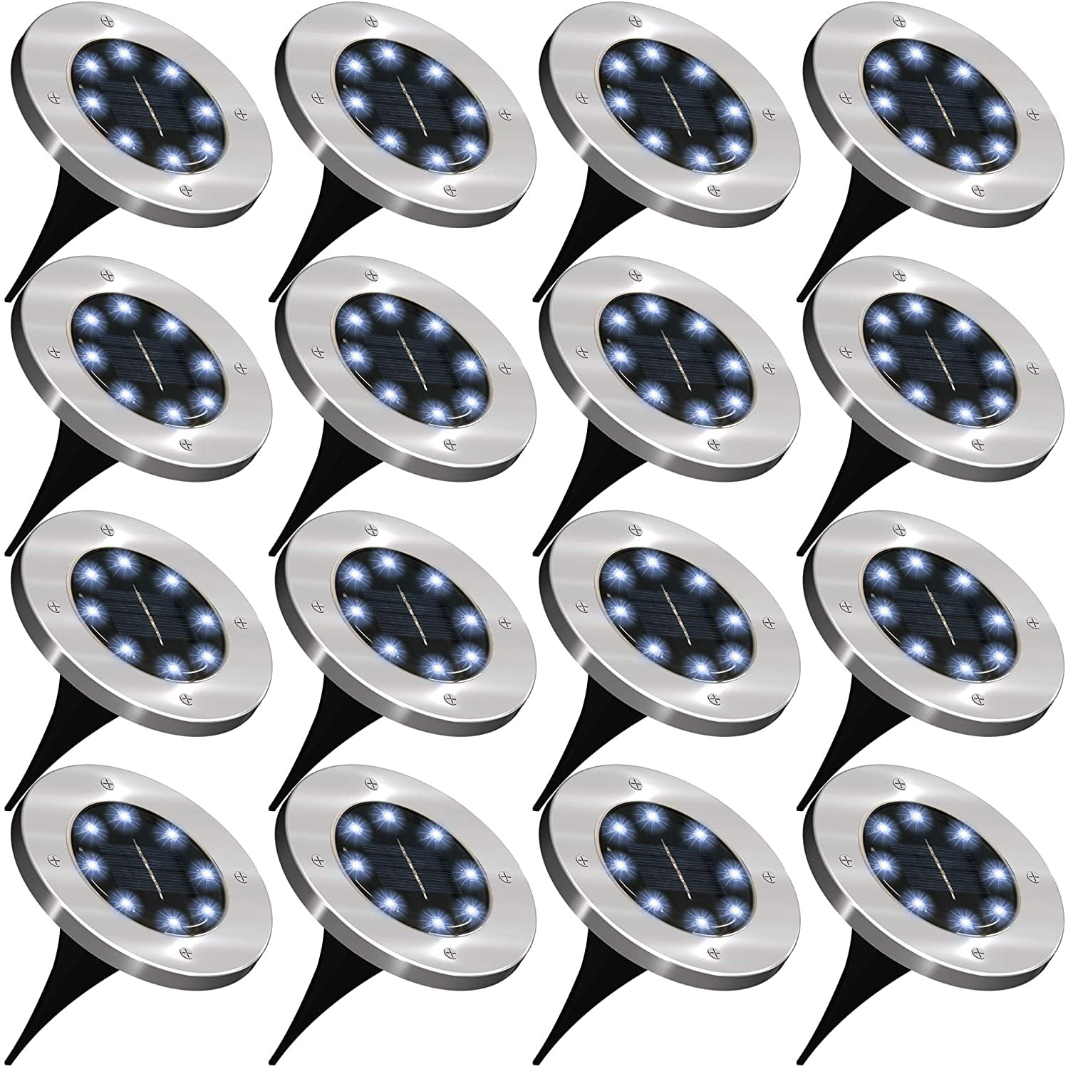 Solar Ground Lights, 16 Pack 8 LED Solar In-Ground Lights, Waterproof Solar Disk Lights Garden Lights Outdoor Landscape Lighting Disc Lights, Cool White