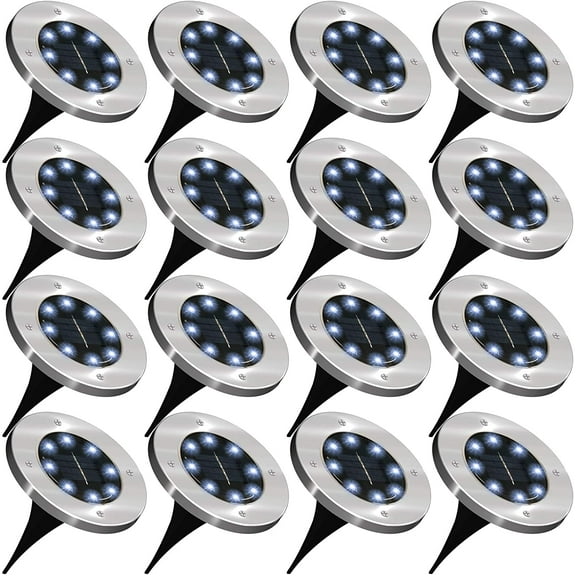Solar Ground Lights, 16 Pack 8 LED Solar In-Ground Lights, Waterproof Solar Disk Lights Garden Lights Outdoor Landscape Lighting Disc Lights, Cool White