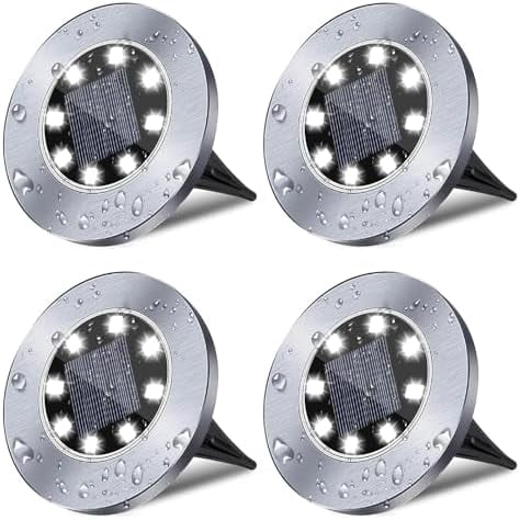 Solar Ground Lights, 4 Pack 8 LED White Solar Pathway Lights, Waterproof, Modern, Outdoor, In-Ground, Garden, Path, Deck, Lawn, Patio, Walkway