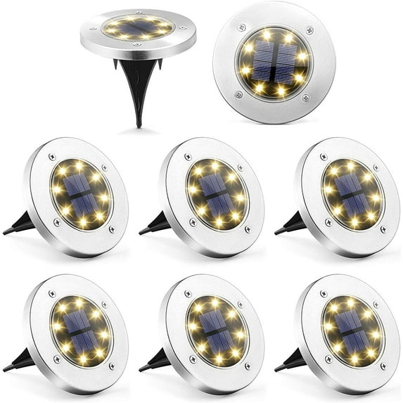 Qishi Solar Ground Lights, 8 LED Solar Disk Lights Outdoor Waterproof for Garden, Yard, Patio, Pathway, Lawn, Driveway, Walkway - Warm White (8 Packs)