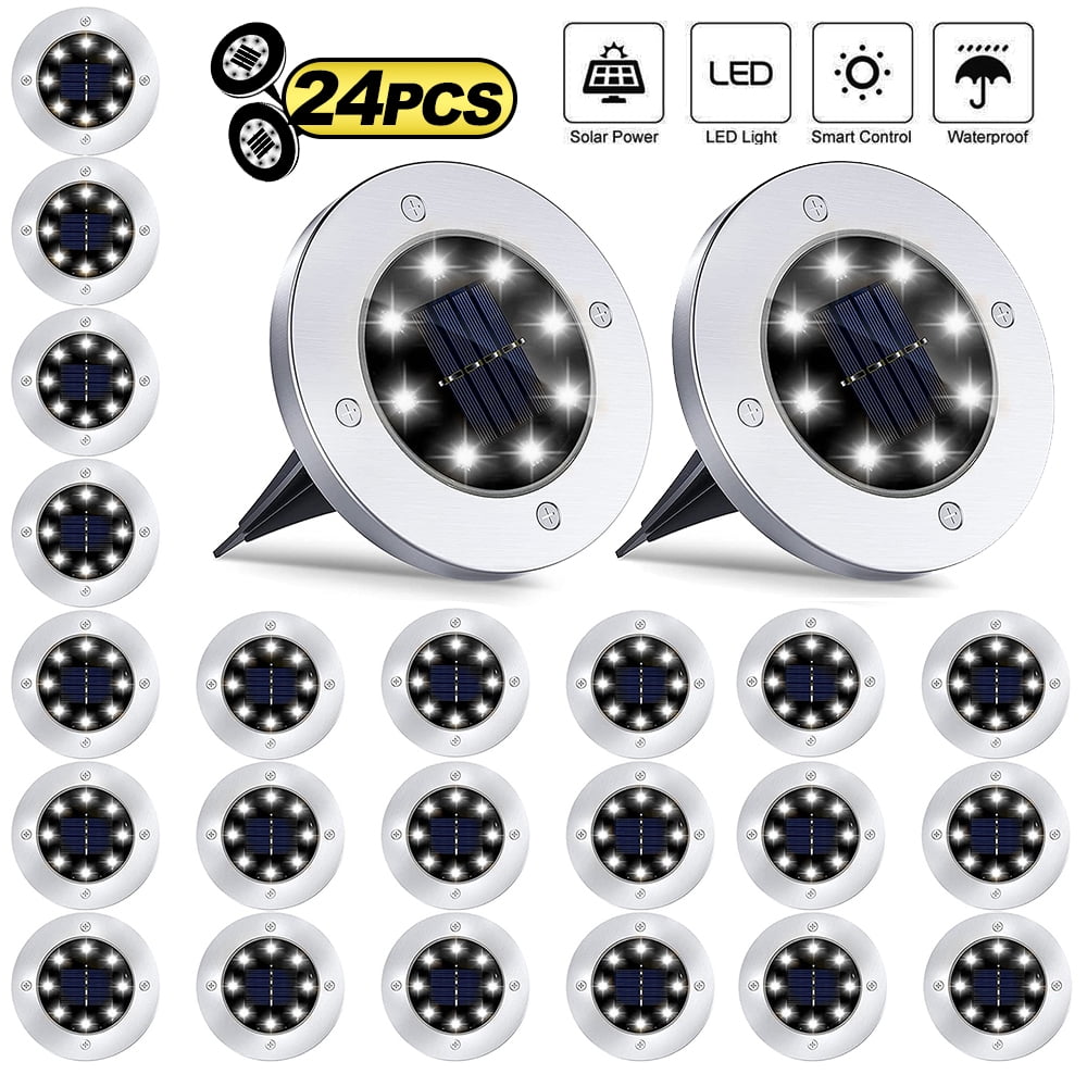 Solar Ground Lights - 8 LED Solar Garden Lights Outdoor Waterproof Sidewalk Disk Lights Solar Powered Landscape Lighting for Lawn Patio Pathway Yard Deck Walkway Flood Lights (24 Packs White)