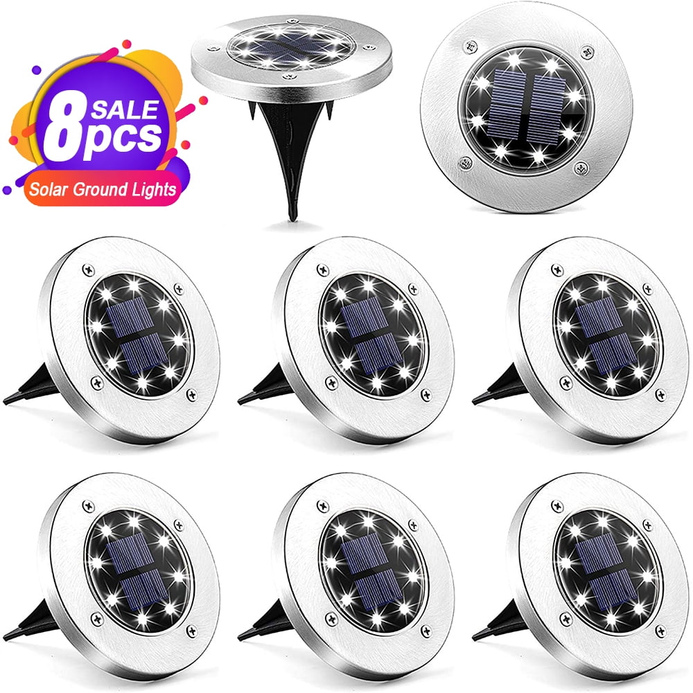 Solar Ground Lights - 8 LED Solar Garden Lights Outdoor Waterproof Sidewalk Disk Lights Solar Powered Landscape Lighting for Lawn Patio Pathway Yard Deck Walkway Flood Lights (4 Pack, White)