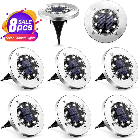Solar Ground Lights - 8 LED Solar Garden Lights Outdoor Waterproof Sidewalk Disk Lights Solar Powered Landscape Lighting for Lawn Patio Pathway Yard Deck Walkway Flood Lights (4 Pack, White)