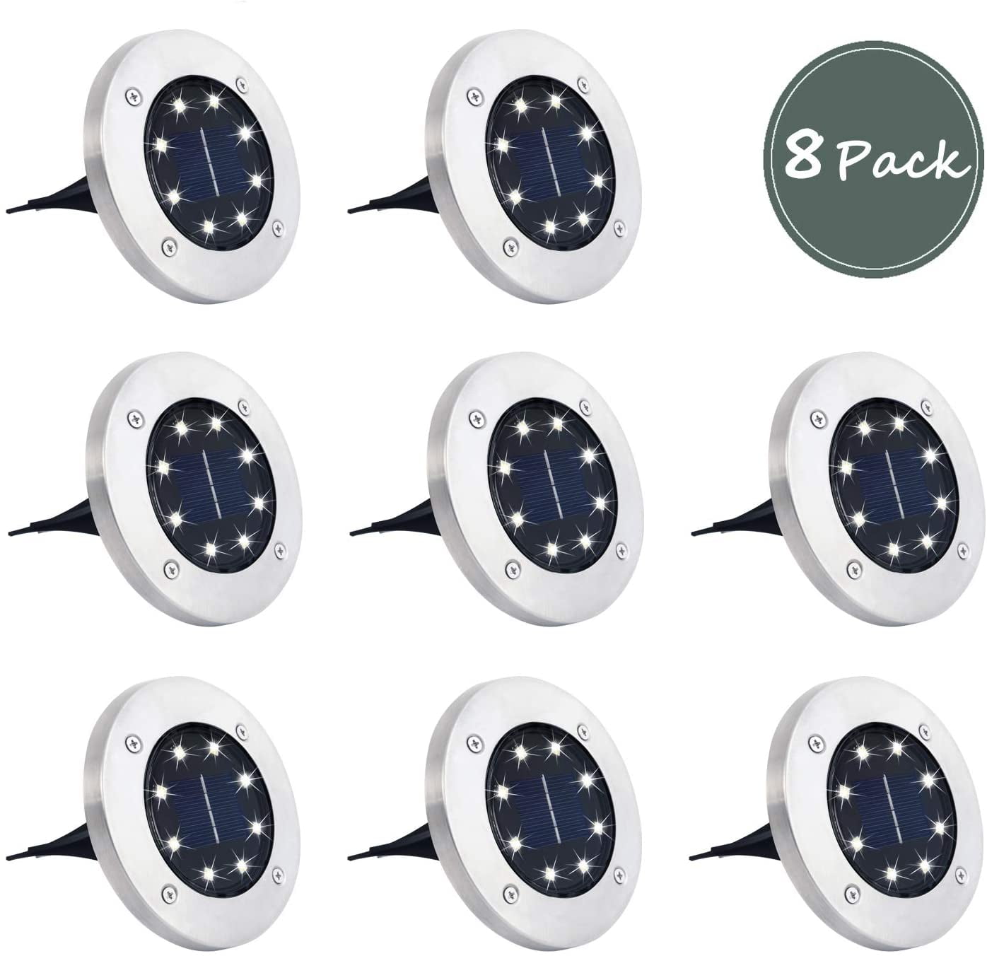 Solar Ground Lights, 8 LED Solar Powered Disk Lights Outdoor Waterproof Garden Landscape Lighting for Yard Deck Lawn Patio Pathway Walkway (8 Pack, White)