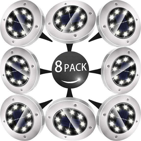 Solar Ground Lights - 8 Pack 8 LED Solar Lights Outdoor Garden Waterproof Sidewalk Disk In-Ground Landscape Lighting(Cold White）