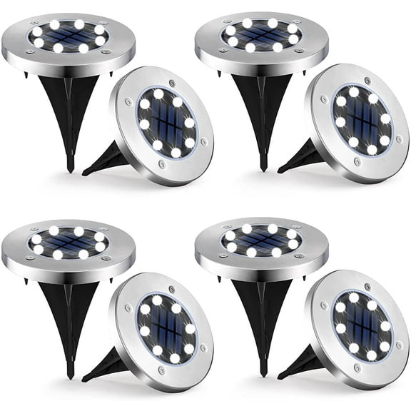 Solar Ground Lights, 8 Pack 8 LED Waterproof In-Ground Outdoor Landscape Pathway Lighting Sensor Disk Lights for Garden, Patio, Walkway, Lawn, Driveway, Yard(White)