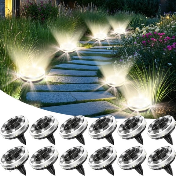 Solar Ground Lights Outdoor 12 Pack Waterproof Upgraded Flat Solar Garden Lights with 4 Side Light Stainless Steel Solar Powered Disc Light for Walkway Pathway Landscape Lawn Yard - Cool White