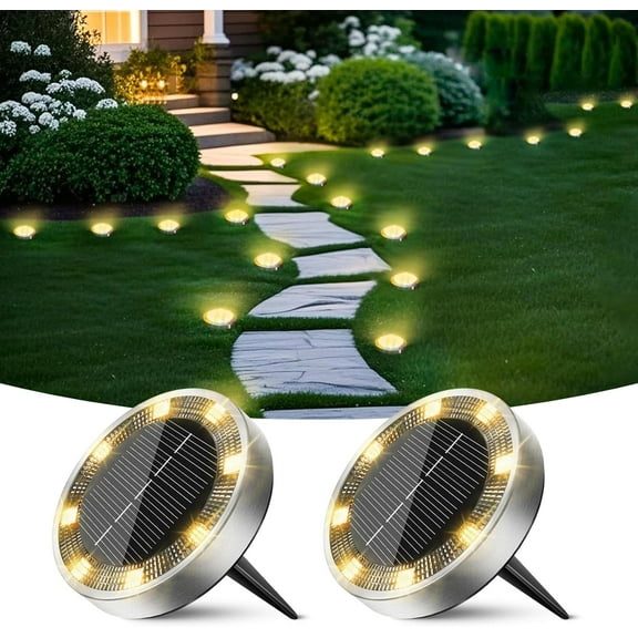 Solar Ground Lights Outdoor, 2 Pack Flat Solar Powered Disc Lights, IP68 Waterproof, Anti-Rust, Landscape Lighting for Pathway Garden Yard Lawn Walkway Landscape Driveway, Warm White
