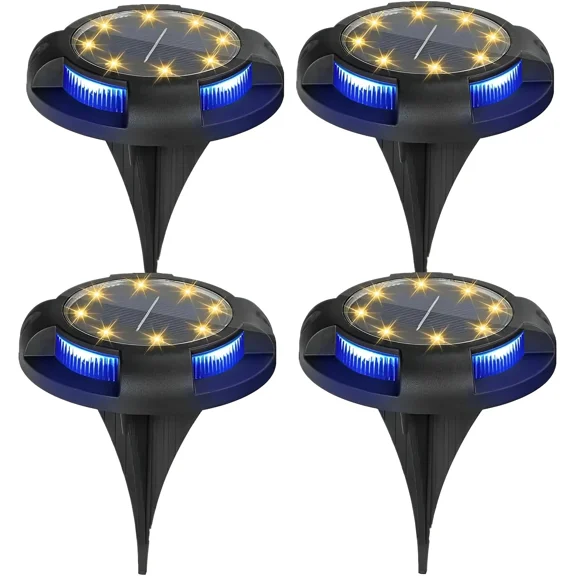Solar Ground Lights Outdoor, 4 Pack Flat Solar Powered Disc Lights, Small Solar Garden Lights Landscape Lighting for Outside Pathway Garden Yard Lawn Walkway, Warm+Blue