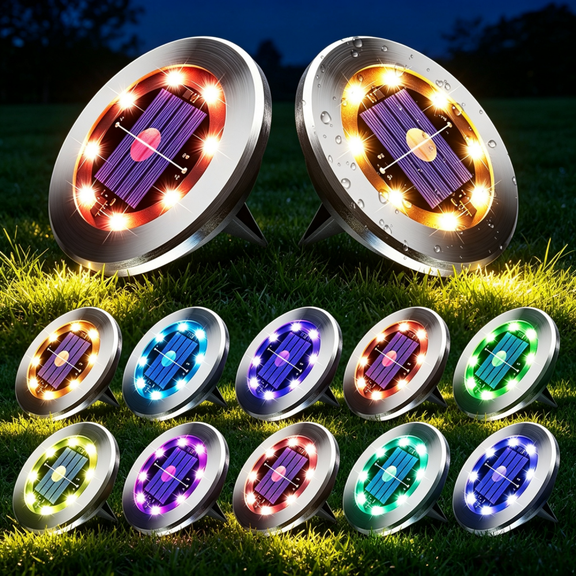 Solar Ground Outdoor Lights, 8 LED RGB Color Changing Disc Buried Path Lawn Lights, Multi Colour IP44 Waterproof Dustproof Stainless Steel For Garden Courtyard Front Yard Sidewalk Driveway Night