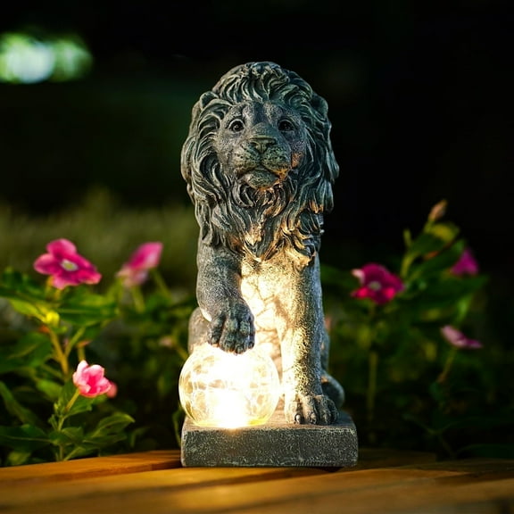 Solar Guardian Lion Garden Statue - Outdoor Decor with Ball Lights for Yard