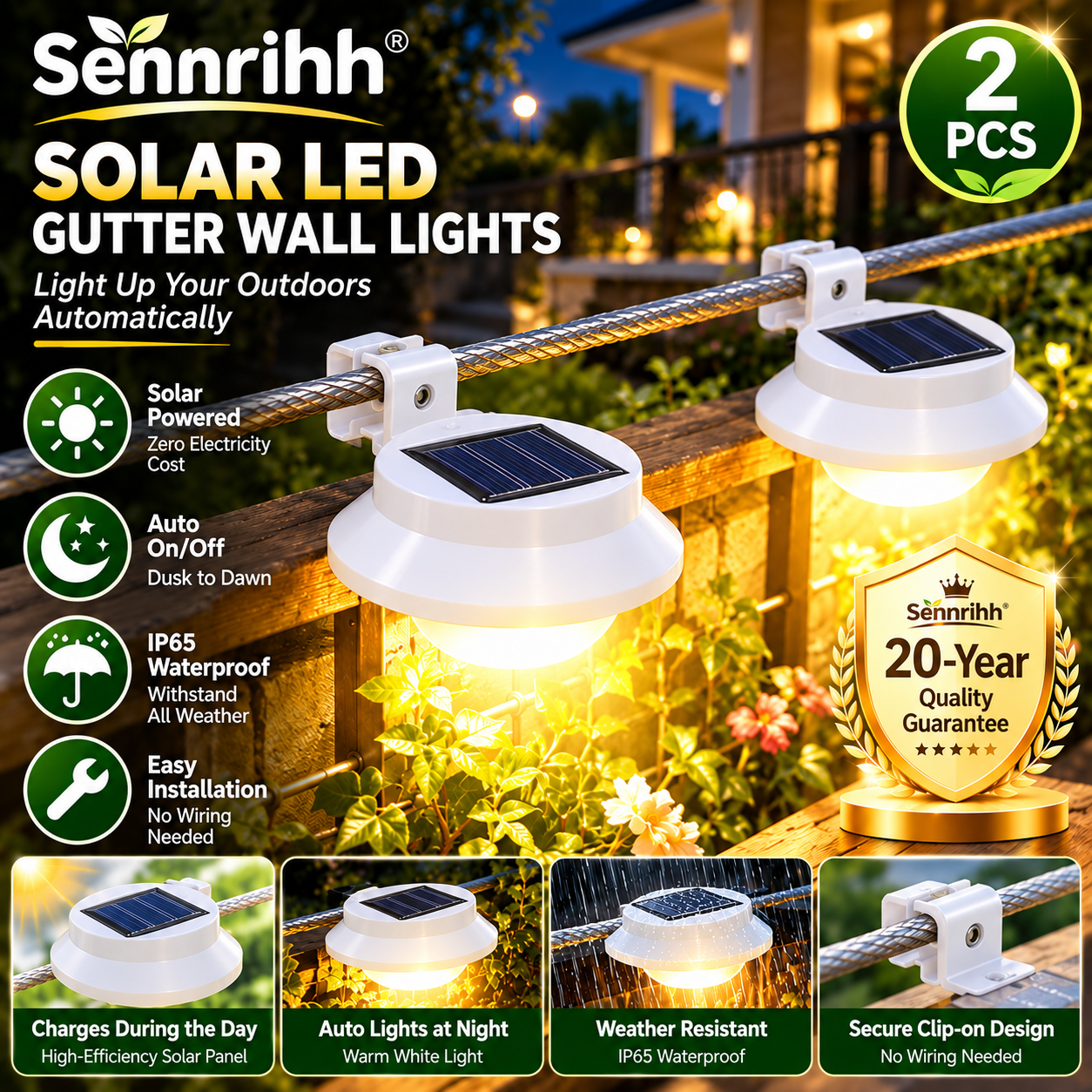 Solar Gutter Lights Outdoor, Solar Powered LED Wall Lights with Dusk to ...