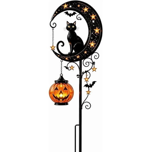 Solar Halloween Black Cat Garden Stake Light, Pumpkin Moon Garden Stake Light, Hanging Jack-o'-Lantern Lantern for , Patio, Walkway, Porch