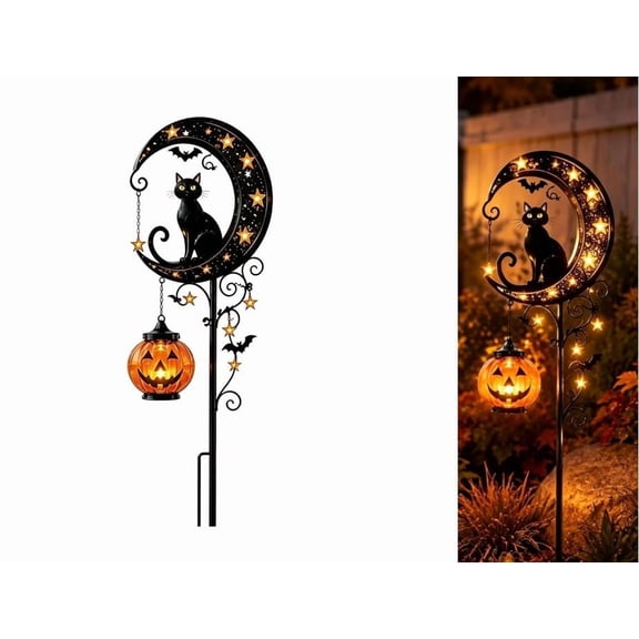 Solar Halloween Black Cat Garden Stake Light, Vintage Style Rustic Metal Art for Backyard Party & Trick-or-Treat Path (Style B)