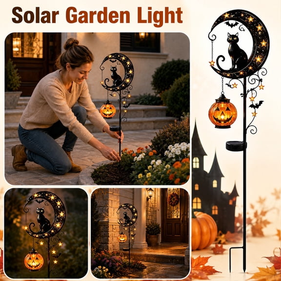Solar Halloween Black Cat & Pumpkin Moon Garden Stake Light 1Pc | Waterproof Solar Halloween Black Cat Garden Stake Light with Hanging Pumpkin Lantern, for Yard Patio Lawn Outdoor Decor