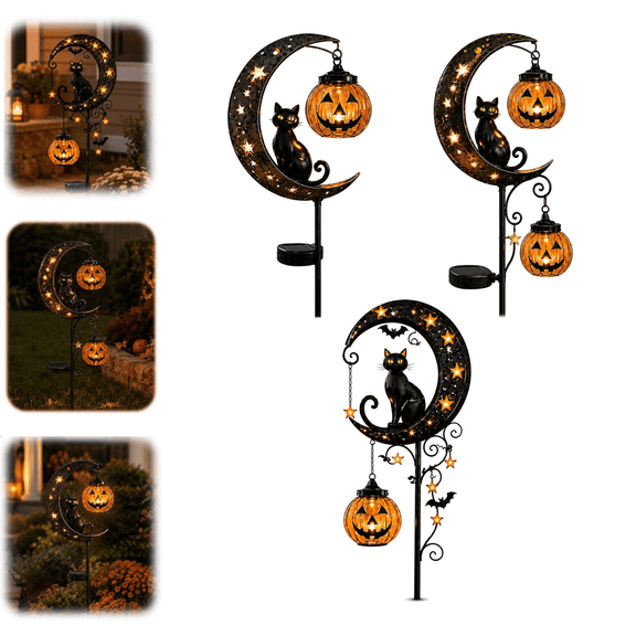 Solar Halloween Black Cat & Pumpkin Moon Garden Stake Light, IP44 Waterproof Solar Light Halloween Decorations Outdoor Patio Holiday Decor ABC-3PCS