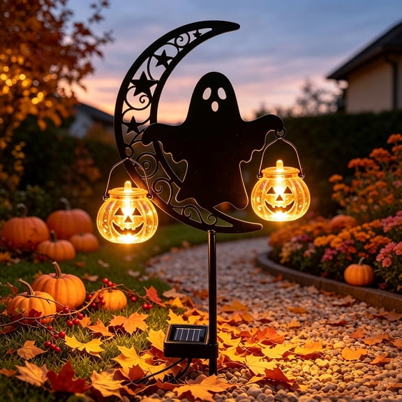 Solar Halloween Black Cat Pumpkin Moon Garden Stake Light, Outdoor Waterproof LED Yard Decoration with Crescent Moon, for Garden, Patio, Walkway, Porch