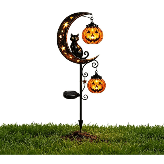 Solar Halloween Black Cat & Pumpkin Moon Garden Stake Light, Outdoor Waterproof LED Yard Decoration with Crescent Moon, Hanging Jack-o'-Lantern Lantern for Garden, Patio, Walkway, Porch (Style A)