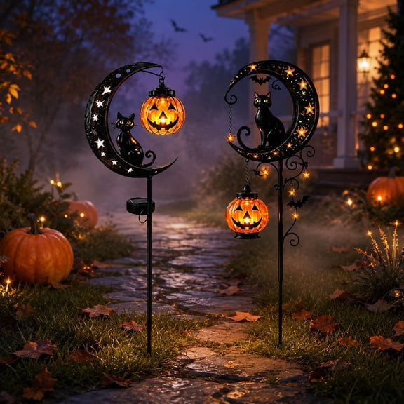 Solar Halloween Black Cat & Pumpkin Moon Garden Stake Light, Outdoor Waterproof LED Yard Decoration with Crescent Moon, Hanging Jack-o'-Lantern Lantern for Garden, Patio, Walkway, Porch (Style C)