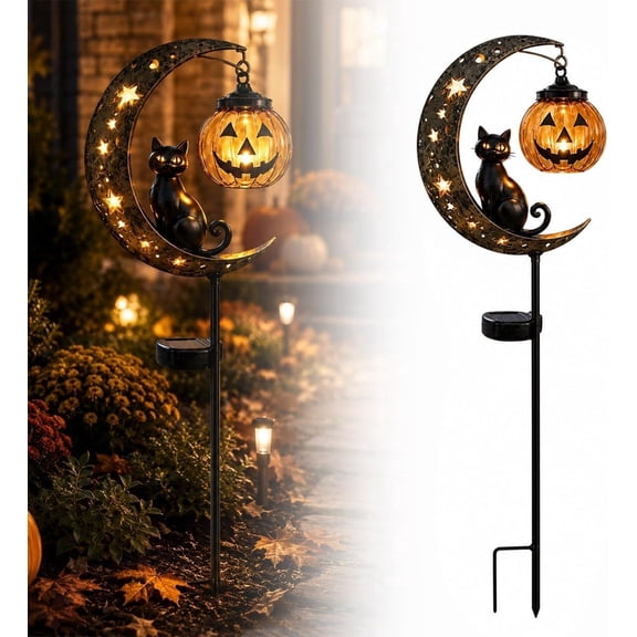 Solar Halloween Black Cat & Pumpkin Moon Garden Stake Light, Waterproof Half Moon LED Pathway Decor Crackle Glass Pumpkin Metal Crescent for Outside Yard Patio Lawn Outdoor Dcor