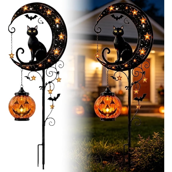 Solar Halloween Black Cat & Pumpkin Moon Garden Stake Light | Waterproof Metal Black Cat Yard Ornament, Auto On Off Solar Outdoor Light, Fall Halloween Decor Stake for Lawn Patio Pathway