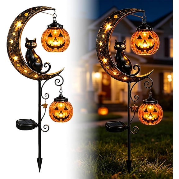 Solar Halloween Black Cat & Pumpkin Moon Garden Stake Light | Waterproof Metal Black Cat Yard Ornament, Auto On Off Solar Outdoor Light, Fall Halloween Decor Stake for Lawn Patio Pathway