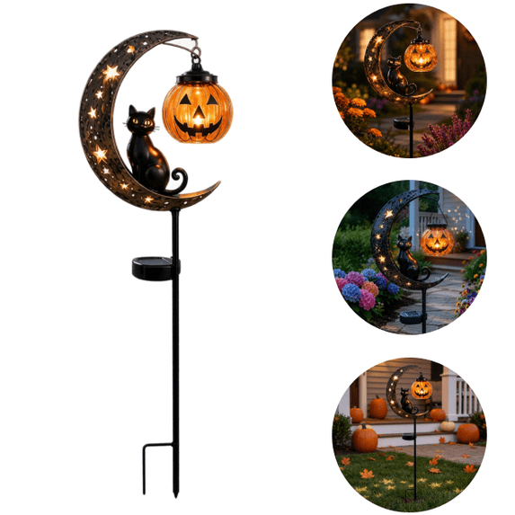 Solar Halloween Black Cat & Pumpkin Moon Garden Stake Light, Waterproof Outdoor Ground Stake Lamp, Amber LED Pumpkin Lantern For Holiday Yard Layout (1PC)